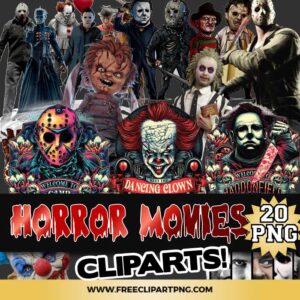 Horror Movie Characters Clipart PNG & Clipart Download, svg files for cricut, horror movie characters svg, ghost face svg, horror movie logo png, scream png, michael myers png, jason voorhees png, friday 13th png, leather face png, jigsaw png, nun png, it png, pennywise png, Fredy krueger png, chucky png, horror friends png, trick or treat png, spooky png, happy halloween png, cricut png, libbey png, transparent png