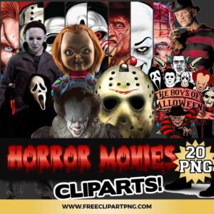 Horror Movie Characters Clipart PNG & Clipart Download, svg files for cricut, horror movie characters svg, ghost face svg, horror movie logo png, scream png, michael myers png, jason voorhees png, friday 13th png, leather face png, jigsaw png, nun png, it png, pennywise png, Fredy krueger png, chucky png, horror friends png, trick or treat png, spooky png, happy halloween png, cricut png, libbey png, transparent png